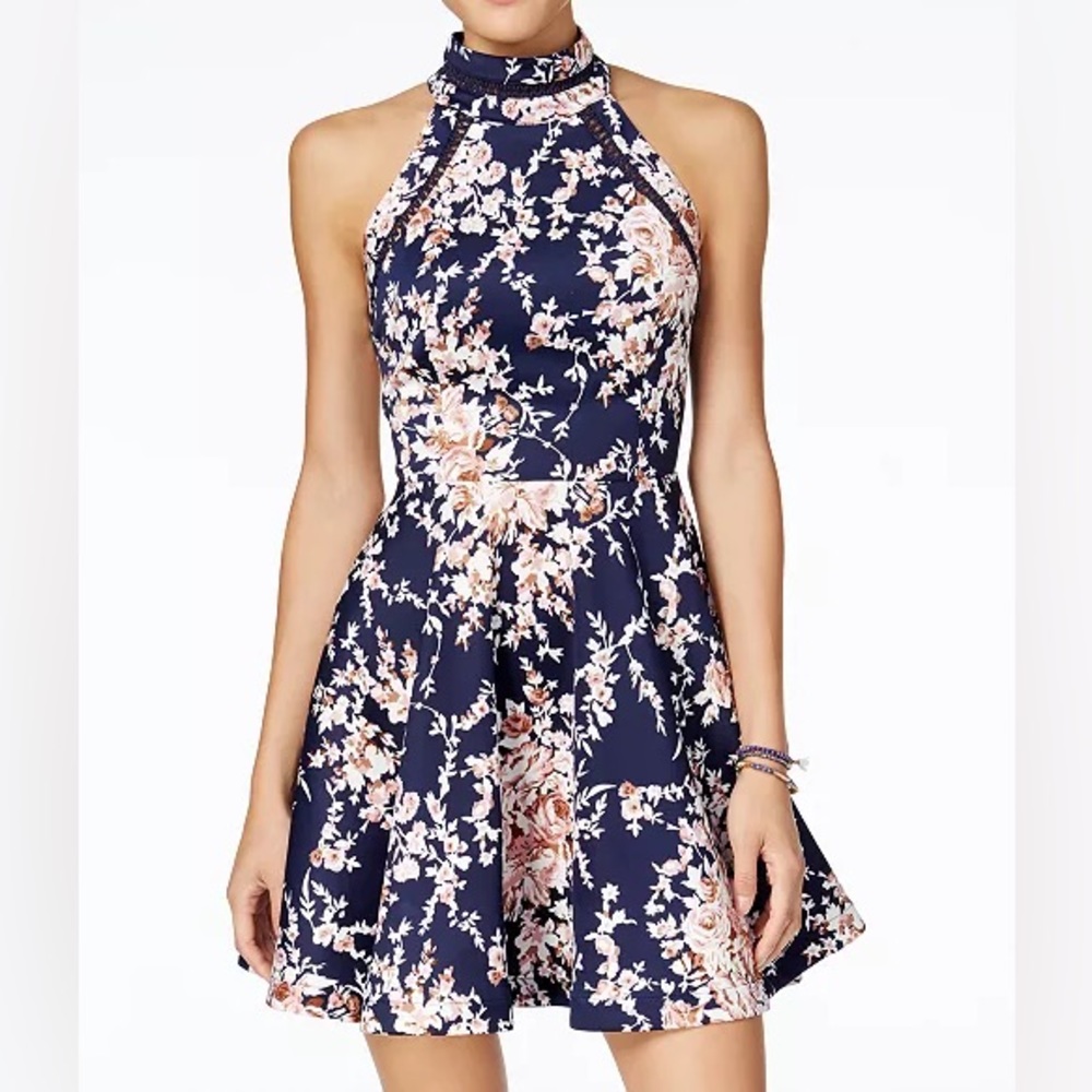 Macy’s  B Darlin Juniors' Printed Mock-Neck Crochet-Trim Fit & Flare Dress